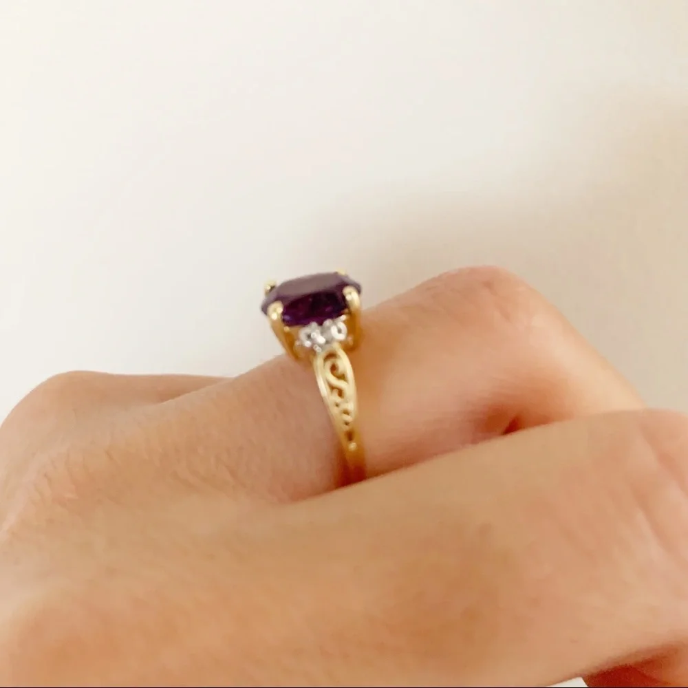 Authentic oval Amethyst and Diamonds Ring 14K gold Size 6 - Picture 9 of 11